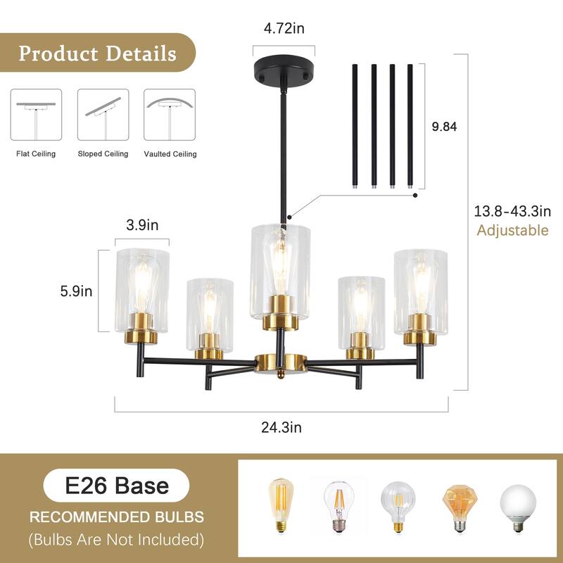 5-Light 5.9"H x 24.3"W Farmhouse Chandelier for Living Room Bedroom
