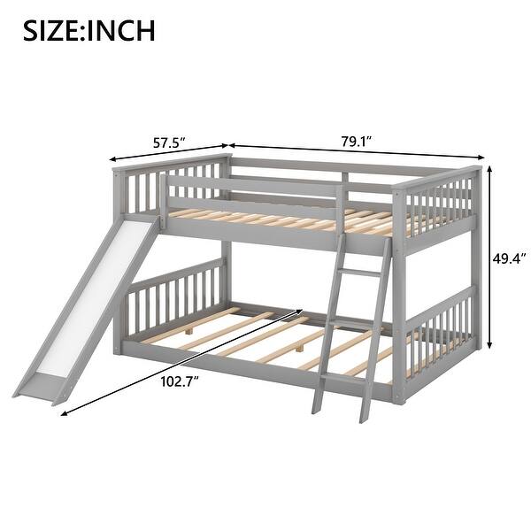 dimension image slide 1 of 2, Kids Floor Bunk Bed, Full Over Full Bunk Bed with Convertible Slide and Ladder, Wooden Low Bunk Bed Frame for Kids Girls Boys