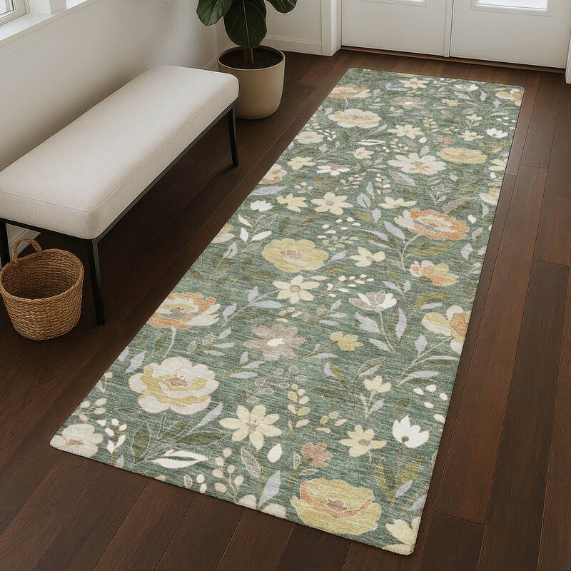 Machine Washable Indoor/ Outdoor Floral Garden Chantille Rug