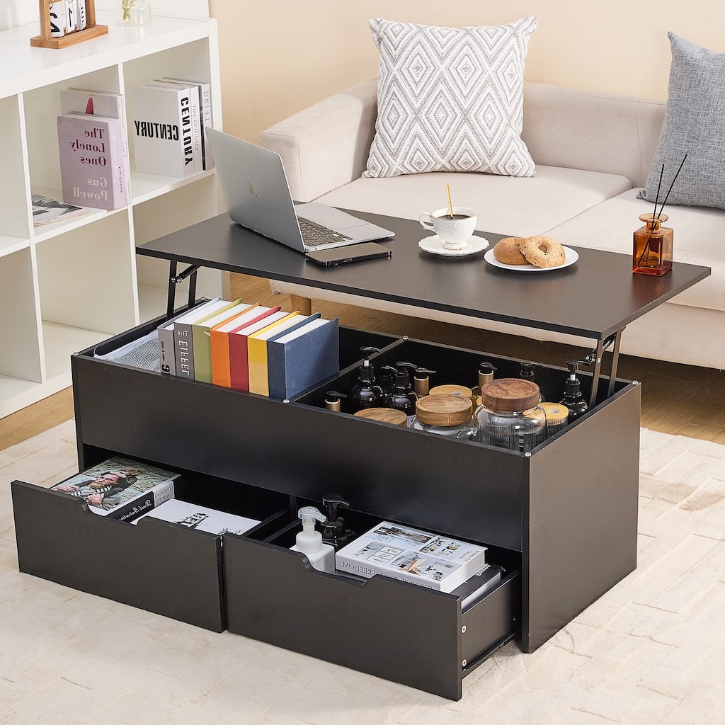 Anmytek Black Lift Top Coffee Table with Storage Modern Convertible Laptop Desk for Living Room
