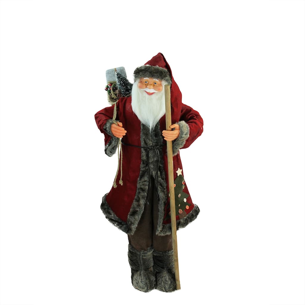 48" Red Brown Santa Claus with Walking Stick Christmas Figure