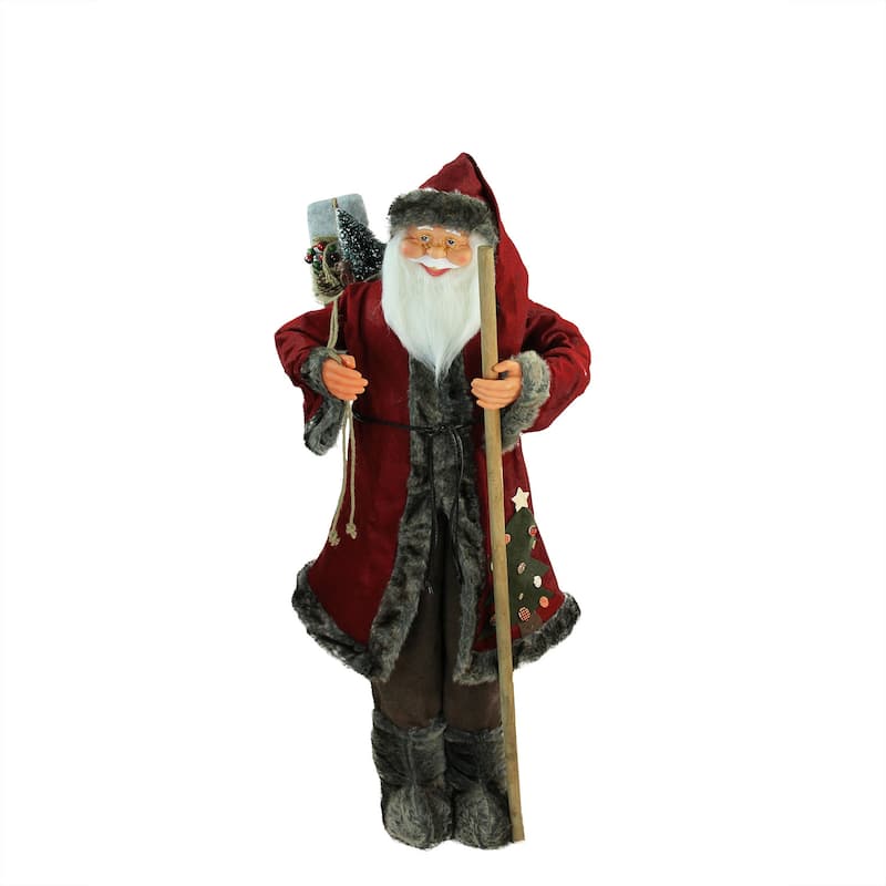 48" Red Brown Santa Claus with Walking Stick Christmas Figure