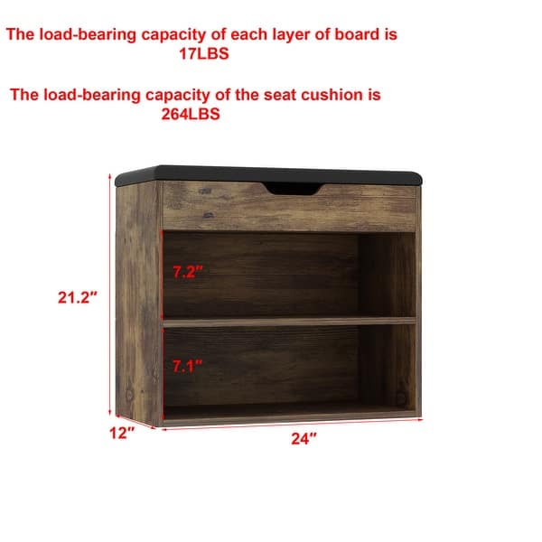 dimension image slide 1 of 2, 24" Rustic Entryway Shoe Storage Bench Open Shelf (6 Pairs) Shoe Storage Cabinet