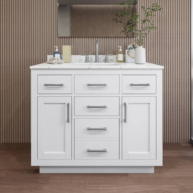Wyndham Collection WCG262642S-QTZ-US3MXX Beckett TK 42" Free Standing - White / Giotto Quartz Top / Brushed Nickel