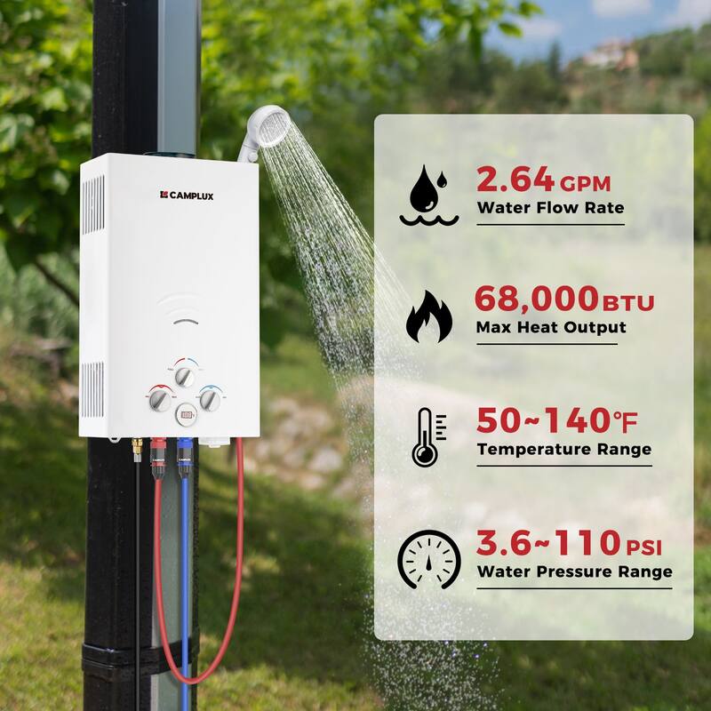 CAMPLUX 2.64 GPM Outdoor Portable Propane Tankless Water Heater with Water Pump Kit
