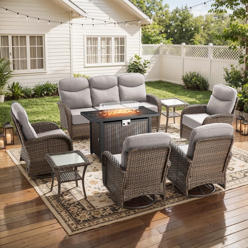 Pocassy Outdoor Sofa Swivel Chair and Ottman with Fire Pit Table - Brown Wicker Beige Cushion - 8PCS Sofa Swivel Chiar w/ Rectangle Fire Table