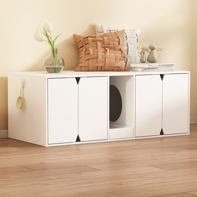 Multifunctional Wooden Cat Washroom Storage Bench Litter Box Cabinet - White