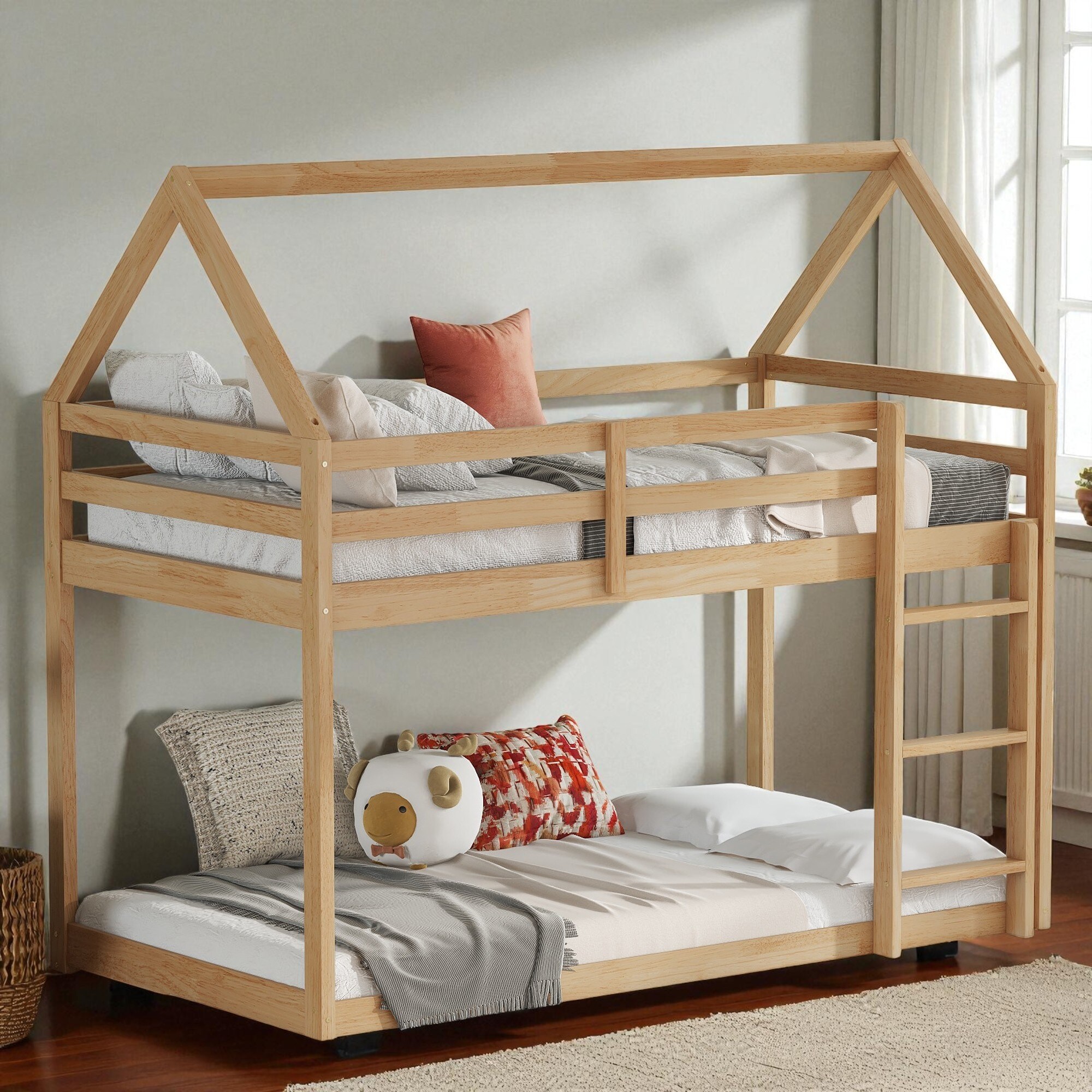 Twin Over Twin Floor Bunk Bed with House Roof Design, Rubber Wood Frame, Ladder and Guardrails for Kids Bedroom
