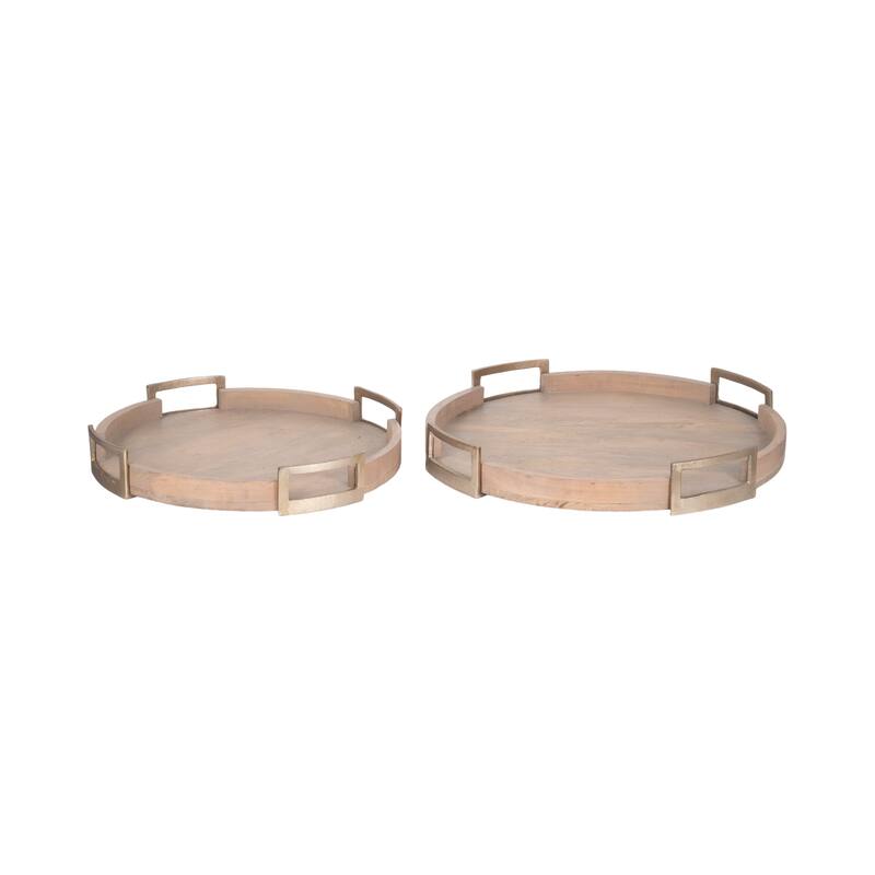 Sagebrook Home's Maxwell Round Wood Trays - Natural Mango Wood & Aluminum, Set of 2 - 26" x 26" x 4"