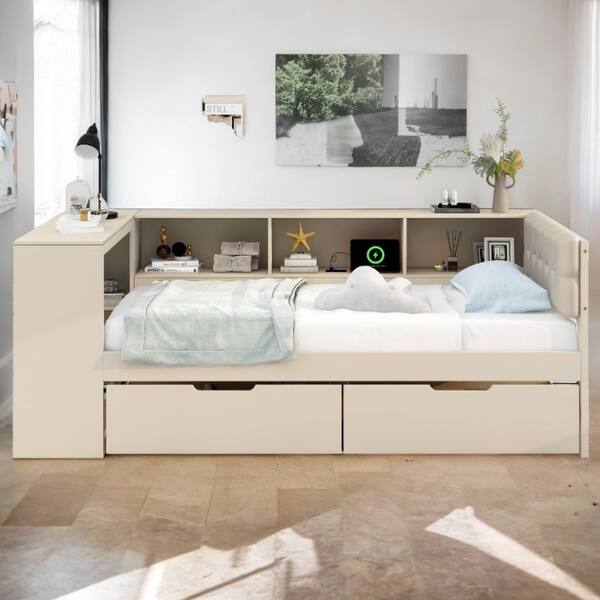 slide 2 of 11, Cream Twin Size Multiple Storage Platform Daybed with 2 Drawers and Upholstered Headboard Cream