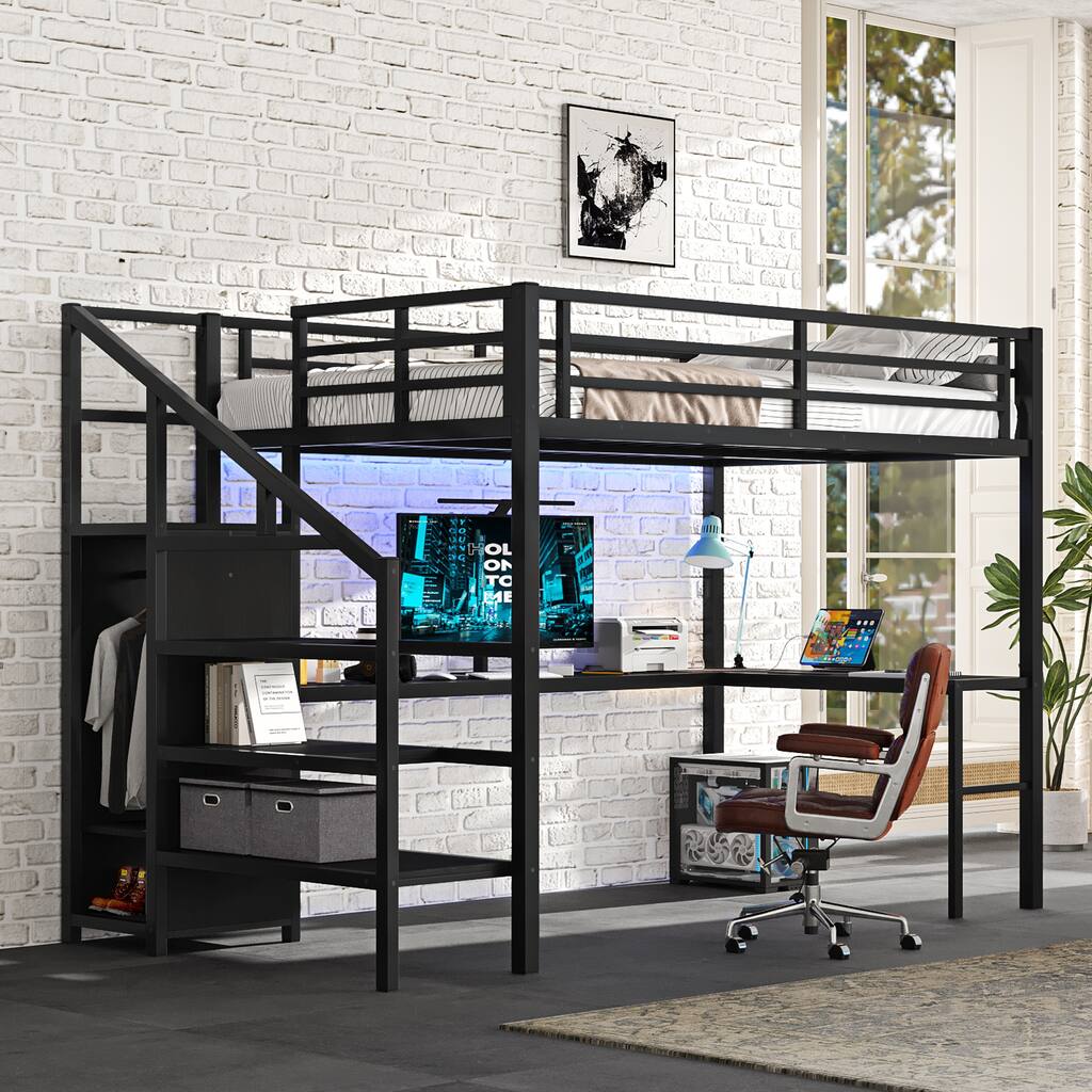 Full Size Metal Loft Bed with USB, L-shaped Desk, Wardrobe, and LED