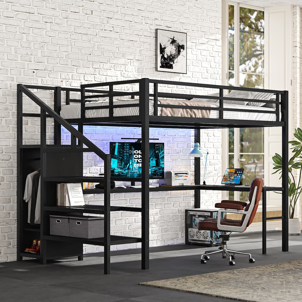 Roomfitters Full Metal Loft Bed with Wardrobe and L-Shaped Desk, Storage Stairs with LED, Black