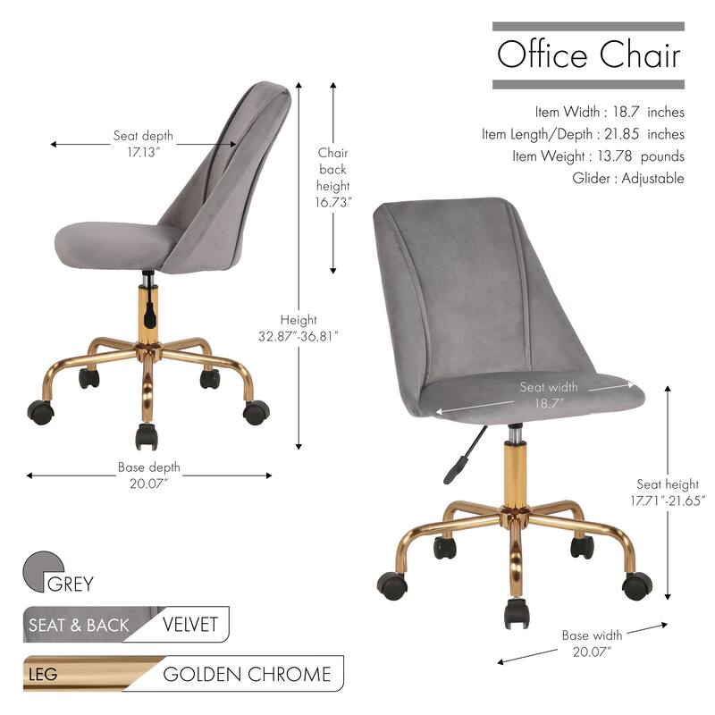 Porthos Home Caia Armless Office Chair, Velvet, Gold Metal Legs