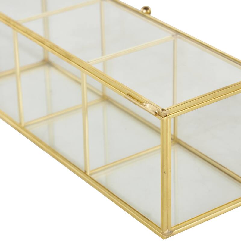 Glass Slim Rectangular 3 Slot Decorative Jewelry Box with Gold Metal Frame and Chain Accent - Clear - Roche River Decor