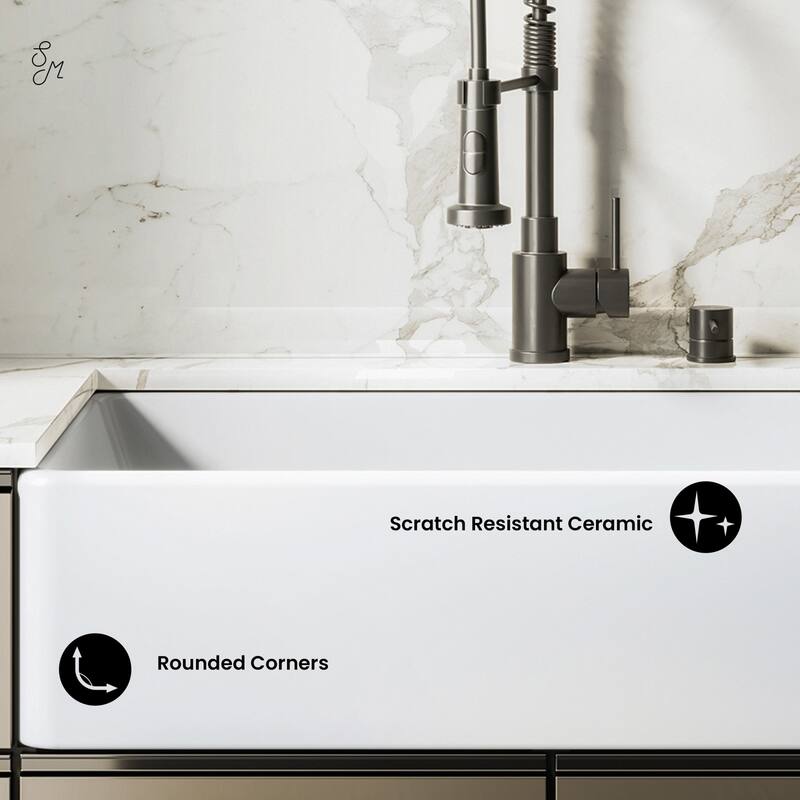 Elegance 33" X 20" Single Basin Fireclay Farmhouse Kitchen Sink In Glossy White