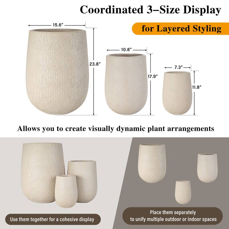 Egg-Shaped Lightweight MGO Outdoor Planter Set of 3,Modern Stone-Look Textured Flower Pots with Drainage Holes and Rubber Plug