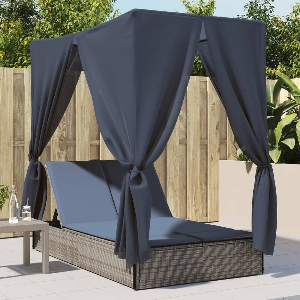 vidaXL Double Sun Lounger with Roof and Curtains Brown/Gray/Black Poly Rattan - 78.7" x 44.9" x 77.2"