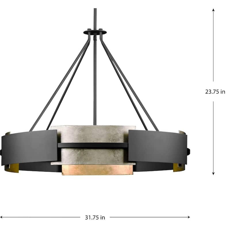 Lowery Collection Six-Light Matte Black Aged Silver Leaf Industrial Luxe Pendant - 31.75 in x 31.75 in x 23.75 in