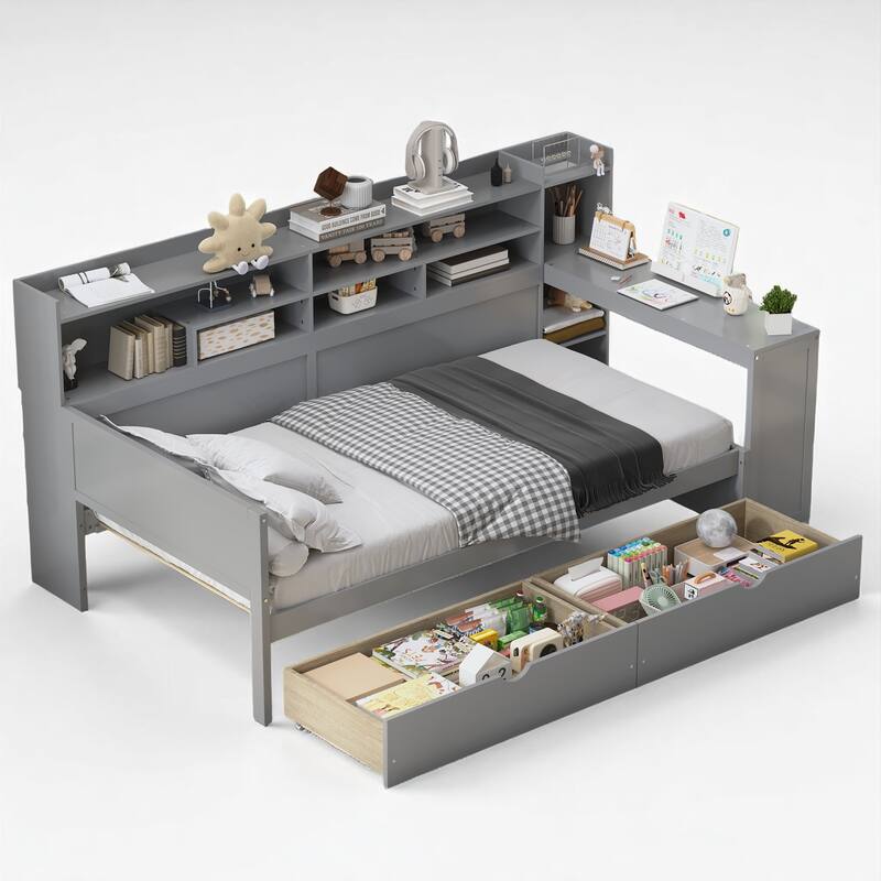 Multi-Functional Gray Twin/Full Size Daybed with Storage Shelves, Drawers, and Foot-End Study Desk