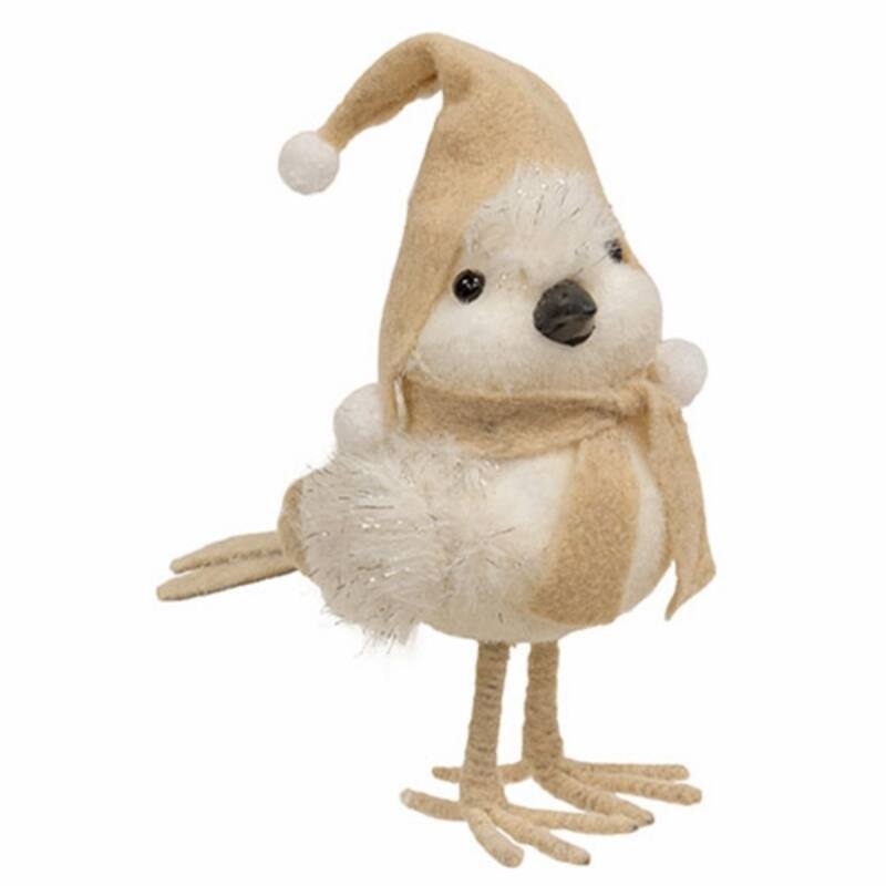 White Bird with Hat and Scarf Winter Holiday Decor Plush Tabletop Figurine - 6.25” high by 5” wide by 3.25” deep - Beige