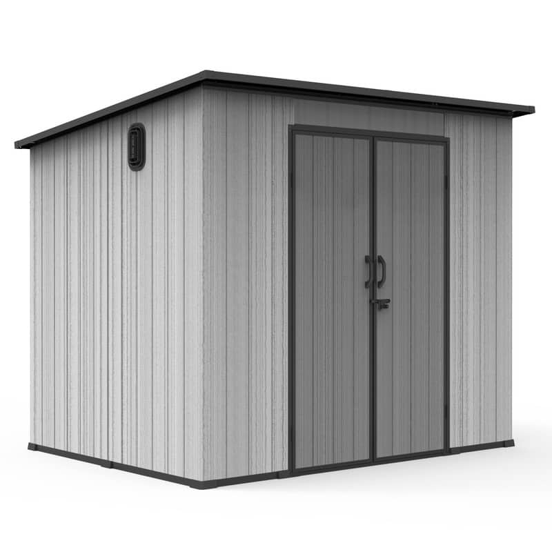 Domi Outdoor Resin Storage Shed, Waterproof Plastic Garden Shed with Lockable Door, Windows & Vents, Outside Tool Storage Shed - 6x8FT Sloping Roof
