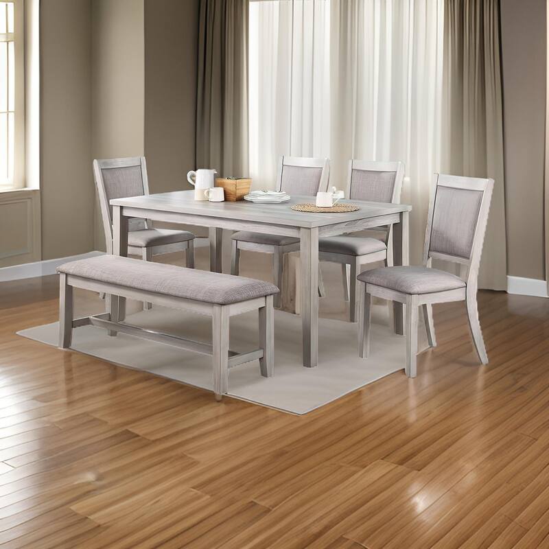 Modern 6 Piece Dining Set with Table, 4 Chairs and Bench, Plush Seats, Gray