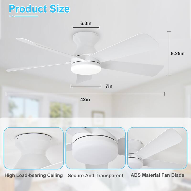 42/35 Inch Low Profile Ceiling Fan with Light: Dimmable, Remote Control, 6-Speed, 5 Blades
