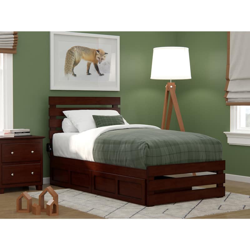 Twin Bed with Footboard, USB Charger & Drawers - Walnut Finish Storage Platform Bed