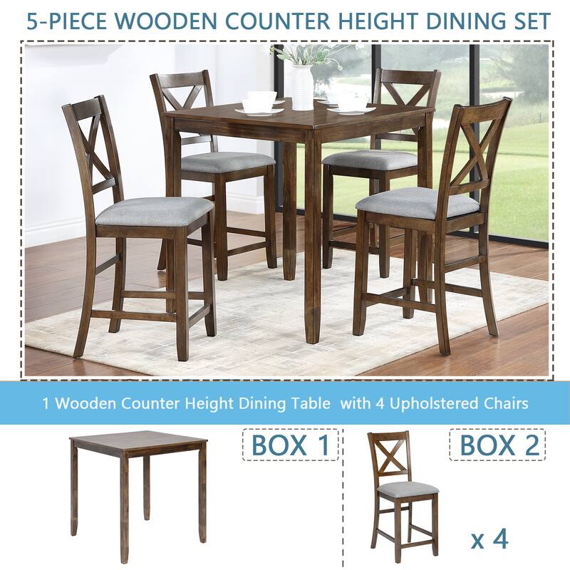 5 Piece Dining Table Set, Wooden Counter Height Kitchen Table Set with 1 Square Table and 4 Upholstered Chairs