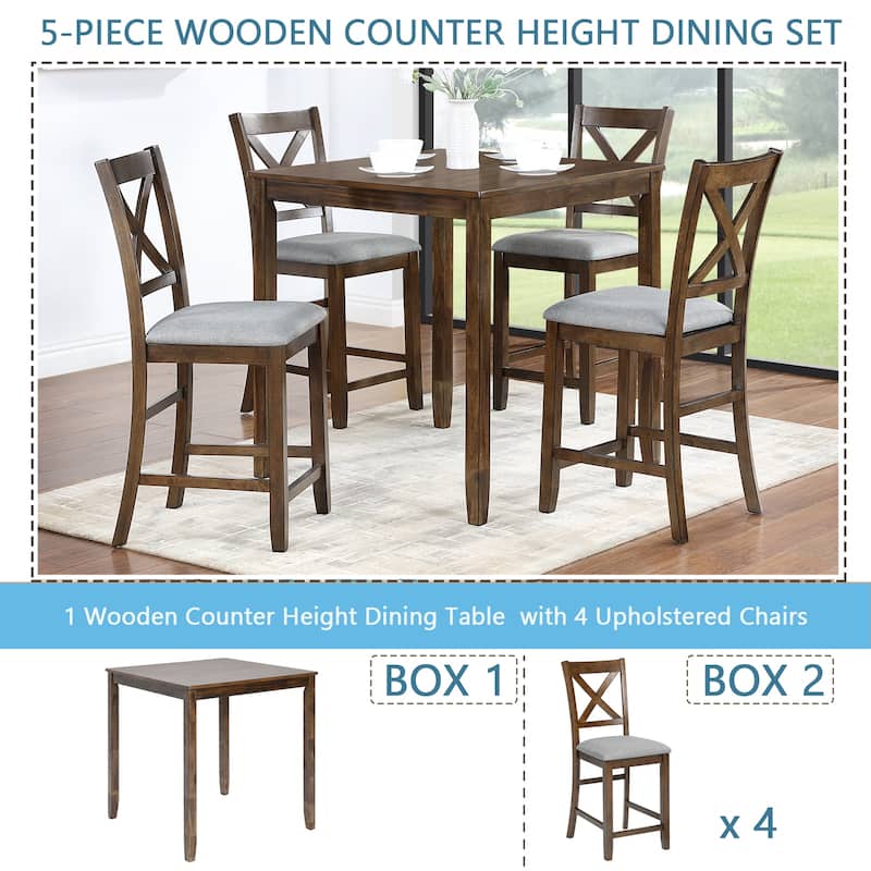 GDFStudio - Montara 5-Piece Farmhouse Wooden Square Counter Height Dining Table Set with 4 Upholstered Chairs
