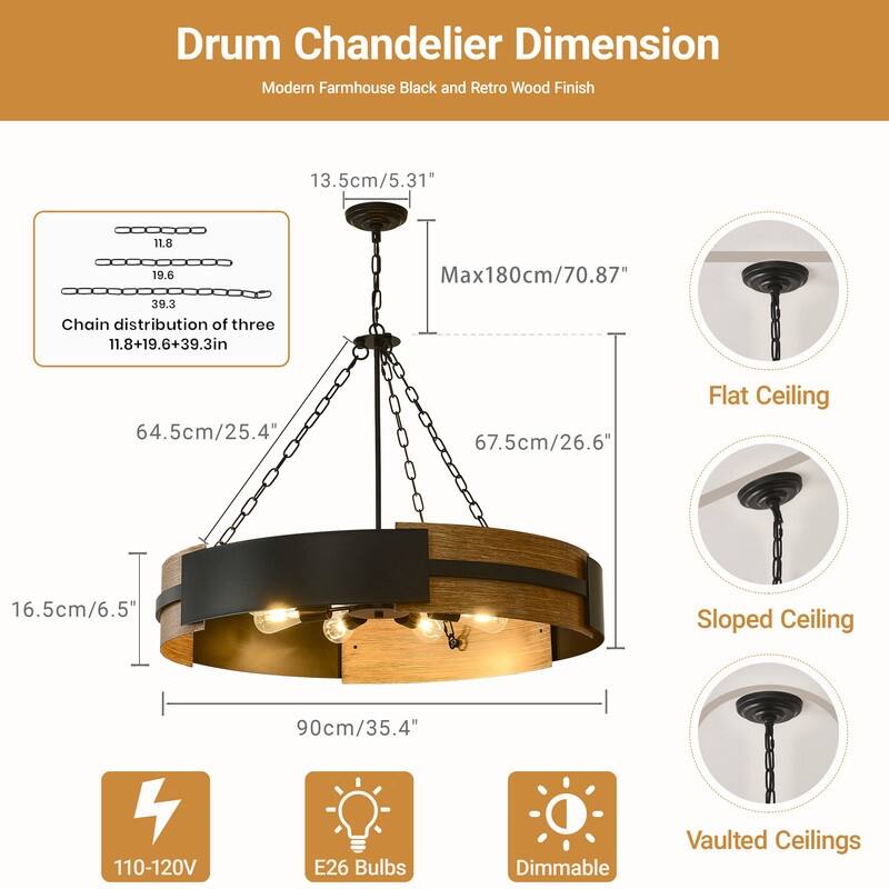 Farmhouse Drum Chandelier Wood Grain Rustic Industrial Round Metal Pendant Light