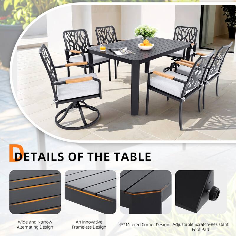 7-Piece Aluminum Patio Dining Set with 59" Table, 2 Swivel Rockers & 4 Armchairs