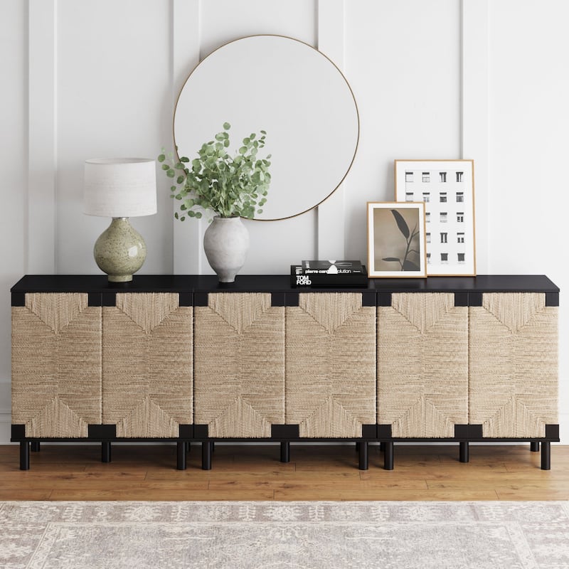 Nathan James Beacon Wood Accent Cabinet with Seagrass Doors and Adjustable Shelf - Black Set of 3