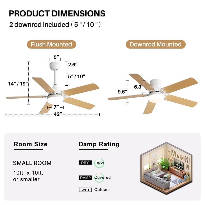 42" Plywood Ceiling Fan with Dimmable LED Light Kit and Remote, Downrod and Flush Mount - 42 Inches