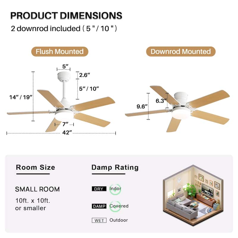 42"/52" Ceiling Fan with Remote,Dual Blade Finish,3CCT LED Light,Plywood Blades,Flush Mount and Downrod Mount