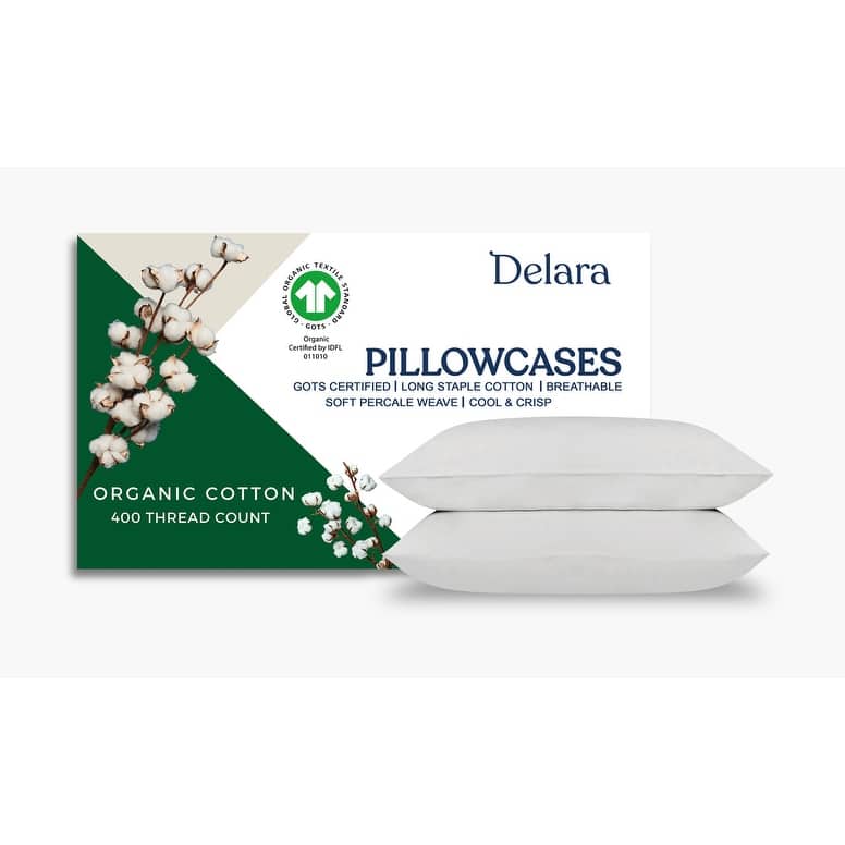 Delara 100% Organic Cotton Percale Pillowcase Pack of 2, GOTS Certified, 400 Thread Count - Queen (21"X32") - Light Grey