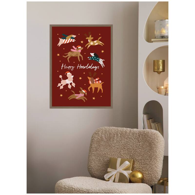 Kate and Laurel Sylvie Framed Canvas Happy Howlidays by Aislinn Simmonds Duchess Plum