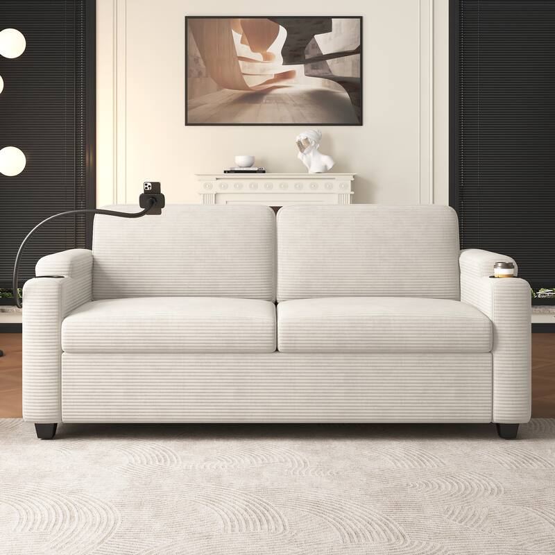 72.8" Corduroy Sleeper Sofa with Full Size Mattress and USB Ports, Loveseat Sofa with Cup Holders and Side Pockets - Beige