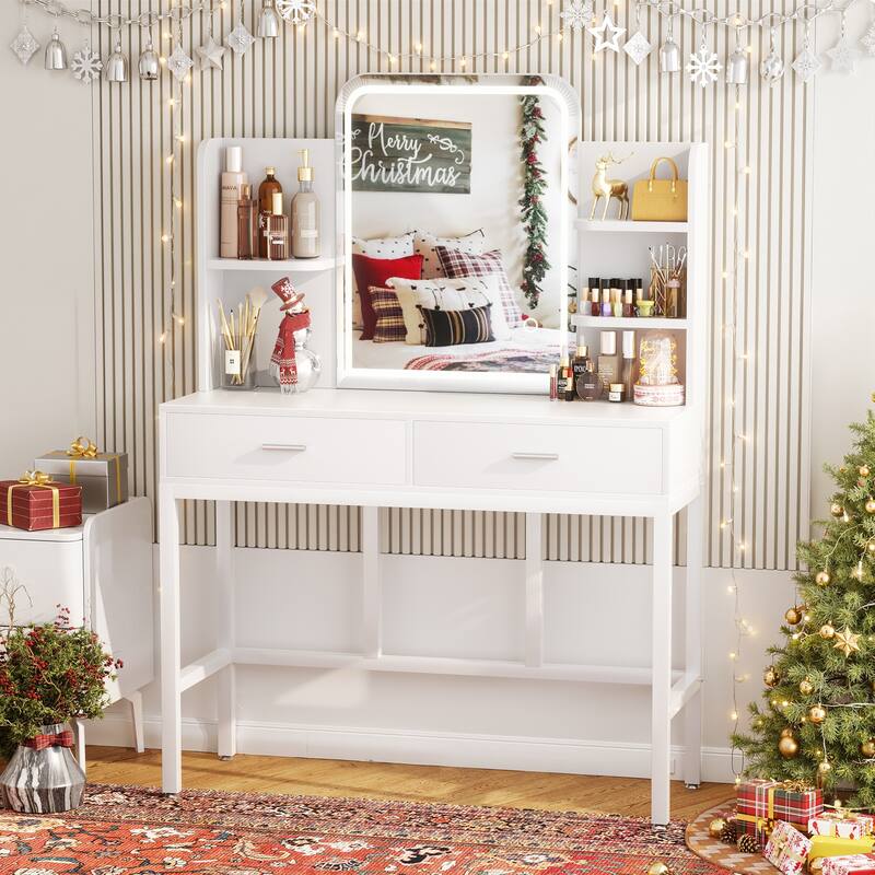 Modern Vanity Desk with LED Mirror, Makeup Table with Storage Drawers and Shelves - N/A