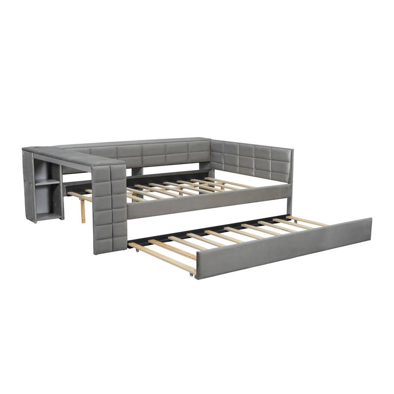 Full Size Upholstered Platform Bed with Storage Shelves Desk Charging Station and Trundle