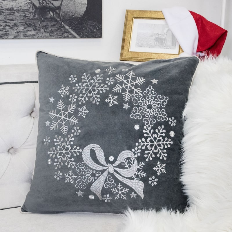 Gray Velvet Holiday Throw Pillow with Snowflake Wreath Embroidery, 20x20 with Insert