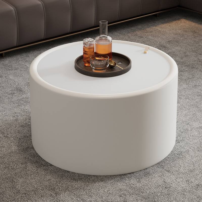 White Round Coffee Table with Tempered Glass Top and Hidden Storage - White - 27.56