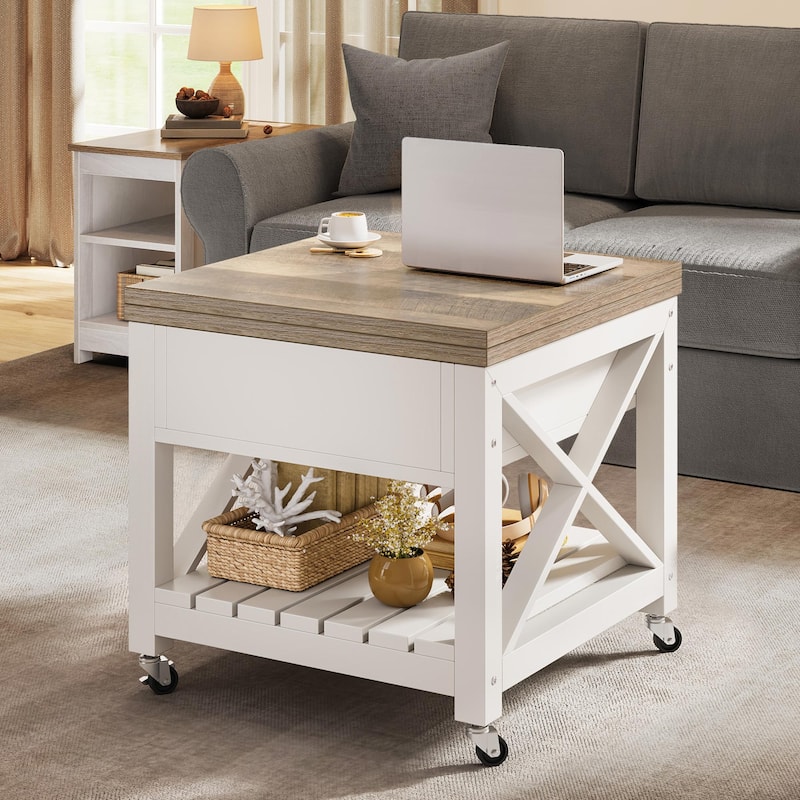 Moasis Farmhouse Lift Top Coffee Table Dining Table with Extendable Table Top and Shelf