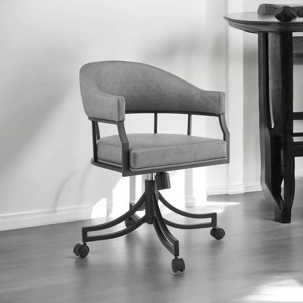 HomeRoots Gray And Black Upholstered Faux Leather Open Back Dining Arm Chair With Wheels - 23' X '30.5' X '22