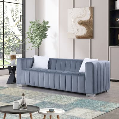 Velvet Channel Tufted 3-seater Sofa with Pillows