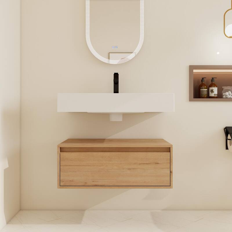 BNK 30/60 inch Floating Single/Double Sink Bathroom Vanity with Soft Close Drawer - 29.5''W×18.1''D×15.8''H - Imitative Oak