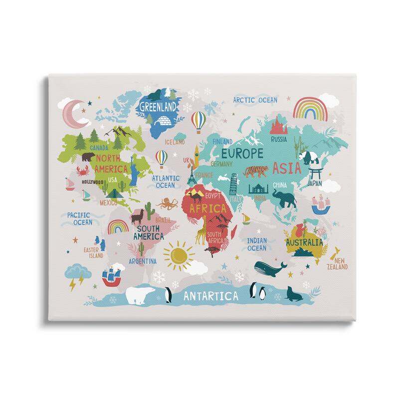 Stupell Landmarks & Wildlife Illustration World Map Diagram Chart Canvas Wall Art - Multi-Color - 20 x 16