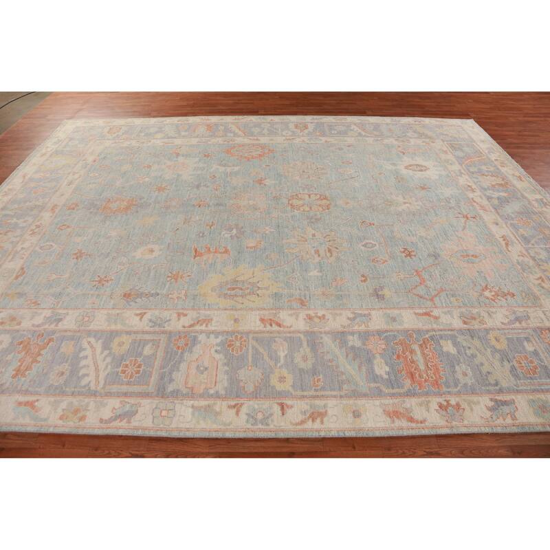 Hand Knotted Oriental 100% Wool Carpet Transitional All-Over Navy Blue & Blues Oushak Area Rug - 12' 2'' X 9' 4''