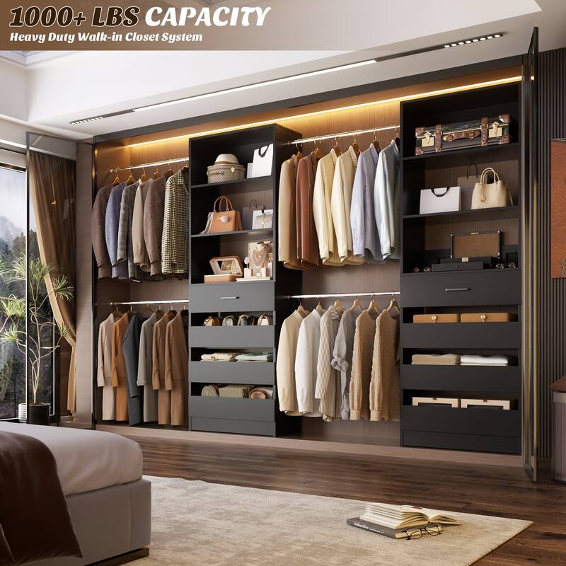 Modular Closet System Wardrobe Organizer 4 Adjustable Hanging Rods + 4 Wooden Drawers, Space-Saving for 4-9Ft Closets