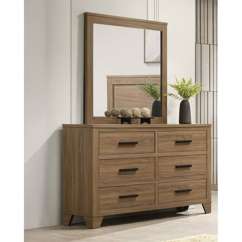 Modern Walnut Finish 3pc Bedroom Furniture Set Bed Dresser Mirror
